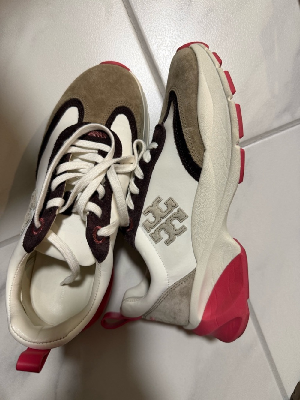 Tory Burch Good Luck Trainer Sneakers Ivory, Taupe, Pink - Picture 2 of 5